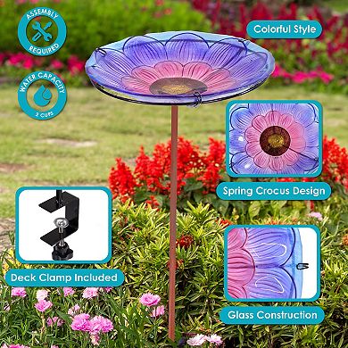 Sunnydaze Deck-Mounted/Staked Glass Bird Bath - Spring Crocus