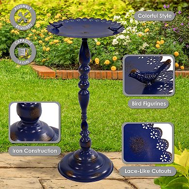 Sunnydaze Feathered Friends Iron Pedestal Bird Feeder- Blue - 26" H