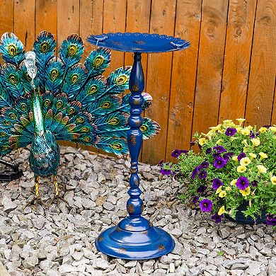 Sunnydaze Feathered Friends Iron Pedestal Bird Feeder- Blue - 26" H