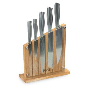 Wolfgang Puck 6 pc Stainless Steel Knife Set with Knife Block; Carbon Stainless Steel Blades and Ergonomic Handles; Blonde Wood Block with Acrylic Safety Shield; Chef Quality Cutlery and Knife Set