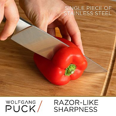 Wolfgang Puck 6-Piece Stainless Steel Knife Set with Knife Block; Carbon Stainless Steel Blades and Ergonomic Handles; Blonde Wood Block with Acrylic Safety Shield; Chef Quality Cutlery and Knife Set