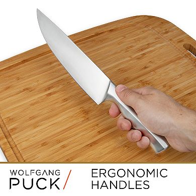 Wolfgang Puck 6-Piece Stainless Steel Knife Set with Knife Block; Carbon Stainless Steel Blades and Ergonomic Handles; Blonde Wood Block with Acrylic Safety Shield; Chef Quality Cutlery and Knife Set