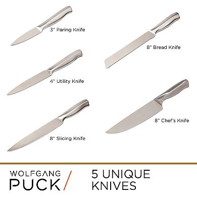 Wolfgang Puck 6-Piece Stainless Steel Knife Set with Knife Block; Carbon Stainless Steel Blades and Ergonomic Handles; Blonde Wood Block with Acrylic Safety Shield; Chef Quality Cutlery and Knife Set