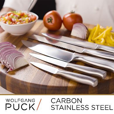 Wolfgang Puck 6-Piece Stainless Steel Knife Set with Knife Block; Carbon Stainless Steel Blades and Ergonomic Handles; Blonde Wood Block with Acrylic Safety Shield; Chef Quality Cutlery and Knife Set