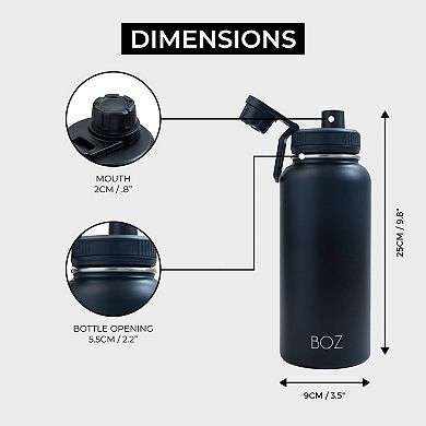 Boz Stainless Steel Water Bottles 2 Pack Bundle - Grey + Black Vaccum Insulated Water Bottles 32 Oz