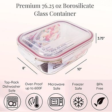 Lexi Home Rectangle 76.25 Oz. Glass Food Storage Container With Red Locking Lid