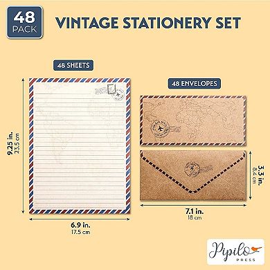 96 Pack Vintage-style Airmail Stationery Set, 48 Lined Paper Sheets, Envelopes