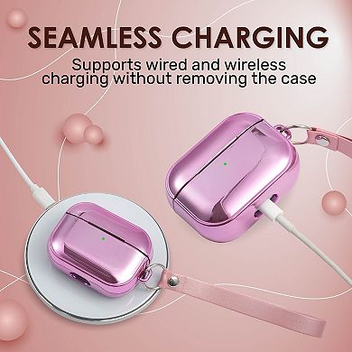 Glitter Plating Soft Touch Skin Case Cover With Hand Strap For Airpods Pro, Pink