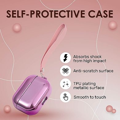 Glitter Plating Soft Touch Skin Case Cover With Hand Strap For Airpods Pro, Pink