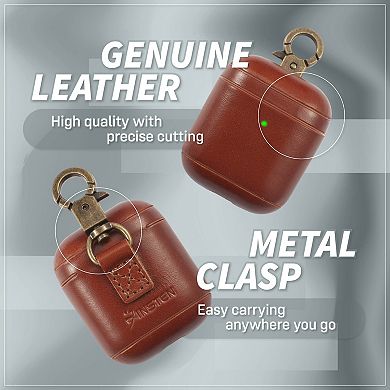 For Airpods 1 / 2 Genuine Leather Case Luxury Cover With Keychain Hook Brown