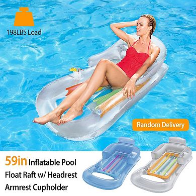 59in Inflatable Pool Float Raft W, Headrest Armrest Cupholder Swimming Pool Lounge Mat