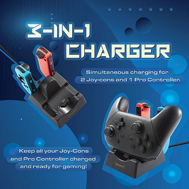3-in-1 Joy Con Charger For Nintendo Switch, Controller Charging Station, Black