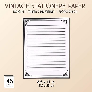 48 Sheets Vintage Lined Paper With Antique Border For Writing Letters, 8.5 X 11"