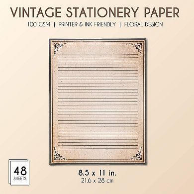 48 Sheets Vintage Lined Paper With Antique Border For Writing Letters, 8.5 X 11"