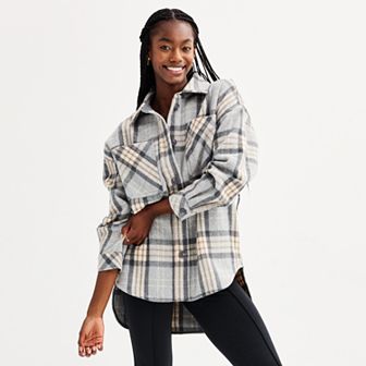 Juniors' SO® Plaid Oversized Button-Up Shacket