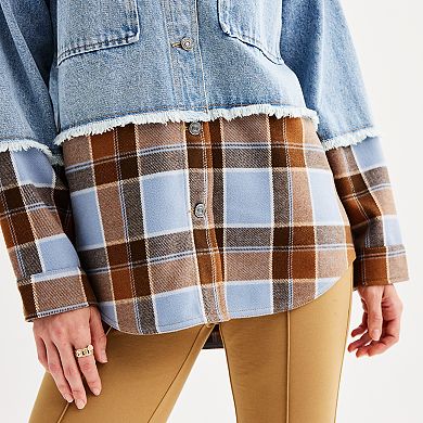 Juniors' SO® Denim & Plaid Mixed Media Jacket