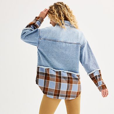 Juniors' SO® Denim & Plaid Mixed Media Jacket