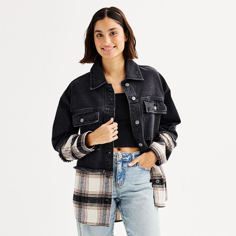 Juniors' SO® Denim & Plaid Mixed Media Jacket