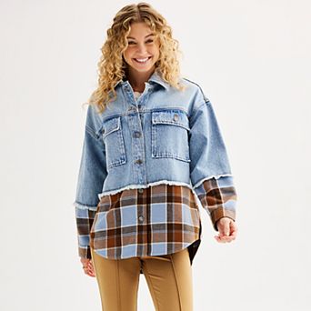 Juniors' SO® Denim & Plaid Mixed Media Jacket