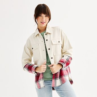 Juniors' SO® Denim & Plaid Mixed Media Jacket