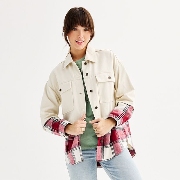 Juniors' SO® Denim & Plaid Mixed Media Jacket
