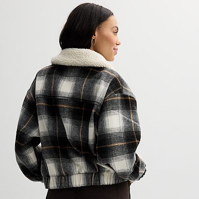 ジャケット・アウター Faux Shearling Lined Bomber Jacket Plaid Juniors' SO® Plaid Bomber Jacket