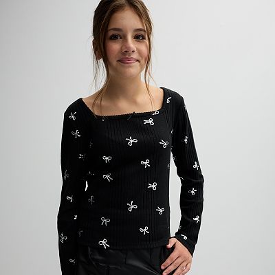 Girls 4-20 SO® Square Neck Long Sleeve Top in Regular & Plus