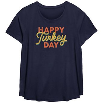 Juniors' Plus Size Happy Turkey Day Scoop Hem Flowy Graphic Tee