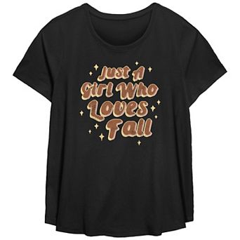 Juniors' Plus Size Just A Girl Who Loves Fall Scoop Hem Flowy Graphic Tee
