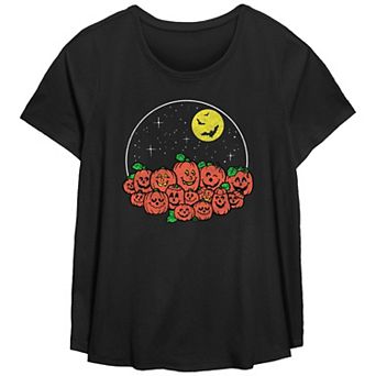 Juniors' Plus Size Happy Pumpkin Orchard In The Night Scoop Hem Flowy Graphic Tee