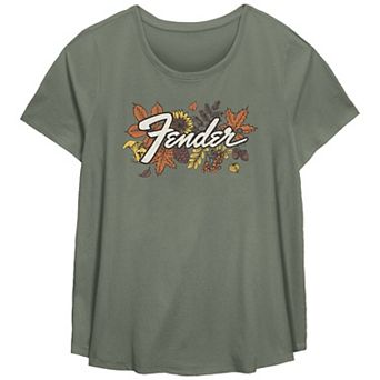 Juniors' Plus Size Fender Autumn Leaves Logo Scoop Hem Flowy Graphic Tee