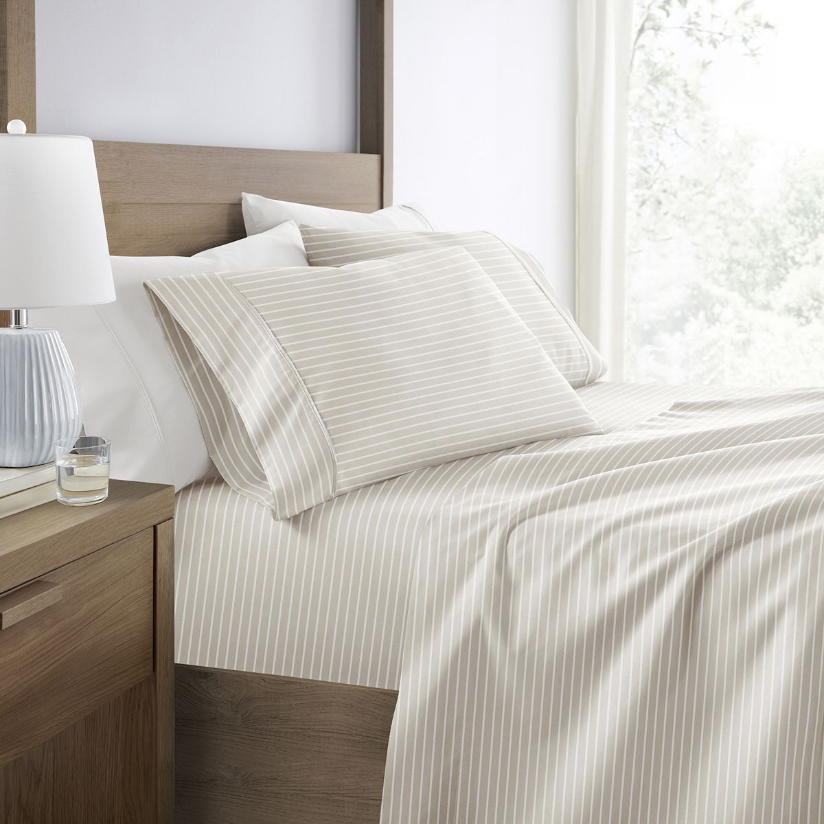 Urban Loft's Soft Lines Pattern 4 Piece Sheet Set - Stripe Natural, KING SET