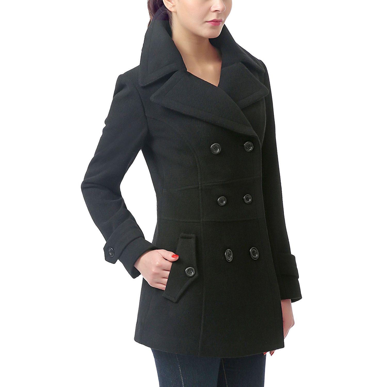 Yteetum Trench Coat Women Single Breasted Notched Lapel Collar Pea Coats Winter Button Down Wool Coats Outwear Womens Casual Solid Turndown Collar
