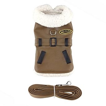 Doggie Design Faux Leather Bomber Dog Coat Harness And Leash