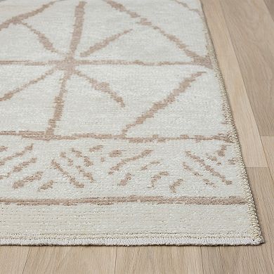 Indigo Ink Neutral Boho Geometric Machine Washable Area Rug