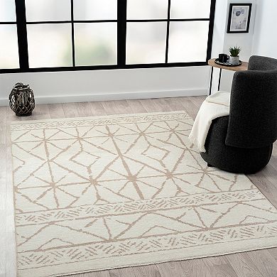 Indigo Ink Neutral Boho Geometric Machine Washable Area Rug