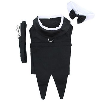 Doggie Design Black Dog Harness Wedding Tuxedo W/tails, Bow Tie, And Cotton Collar