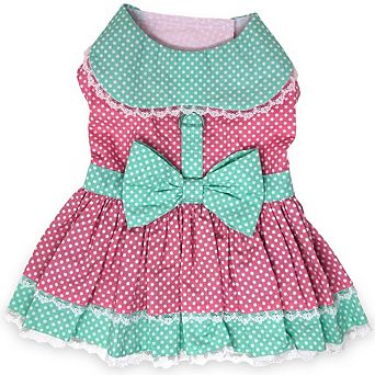 Doggie Design Pink And Teal Polka Dot And Lace Dog Dress Set With Leash
