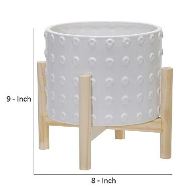 8 Inches Planter with Dotted Planter and Wooden Stand, White