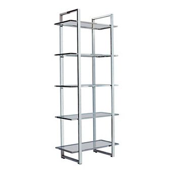 79 Inch Bookcase, Metal Frame, Tempered Glass Shelves, Polished, Silver