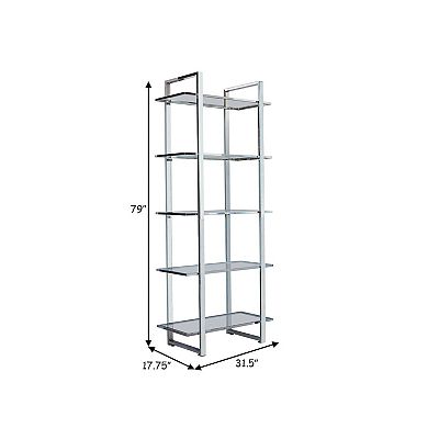 79 Inch Bookcase, Metal Frame, Tempered Glass Shelves, Polished, Silver