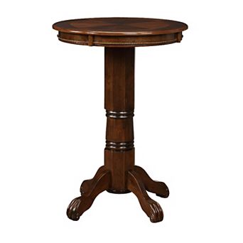 Ava 42 Inch Wood Pub Bar Table, Sunburst Design, Carved Pedestal, Cappuccino