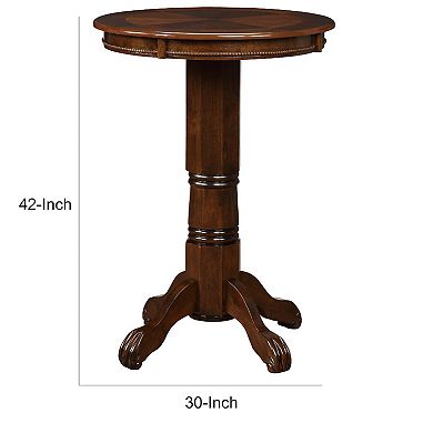 Ava 42 Inch Wood Pub Bar Table, Sunburst Design, Carved Pedestal, Cappuccino