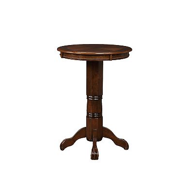 Ava 42 Inch Wood Pub Bar Table, Sunburst Design, Carved Pedestal, Cappuccino