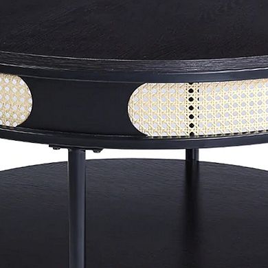 Bert 32 Inch Round Coffee Table, Rattan Apron Accent, Metal Legs, Black