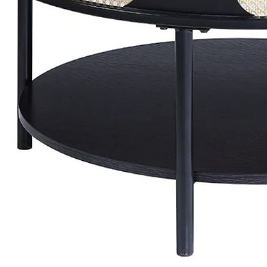 Bert 32 Inch Round Coffee Table, Rattan Apron Accent, Metal Legs, Black