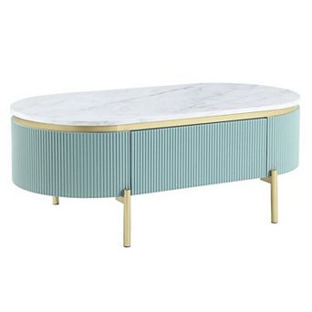 Ville 48 Inch Oblong Coffee Table, White Faux Marble Top, Teal Reeded Edges