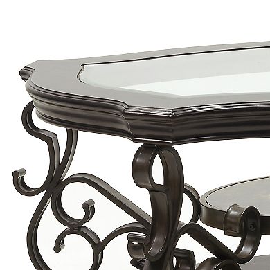 Cocktail Table with Glass Top and Scroll Accent, Brown