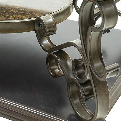 Cocktail Table with Glass Top and Scroll Accent, Brown