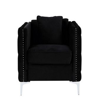 Zion 34 Inch Accent Chair With Throw Pillow, Handmade Tufted, Black Velvet